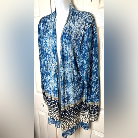 CHICOS Mixed Paisley Maizy Cardigan Sweater Long Blue Ivory Open Front Thin Knit - Picture 3 of 14